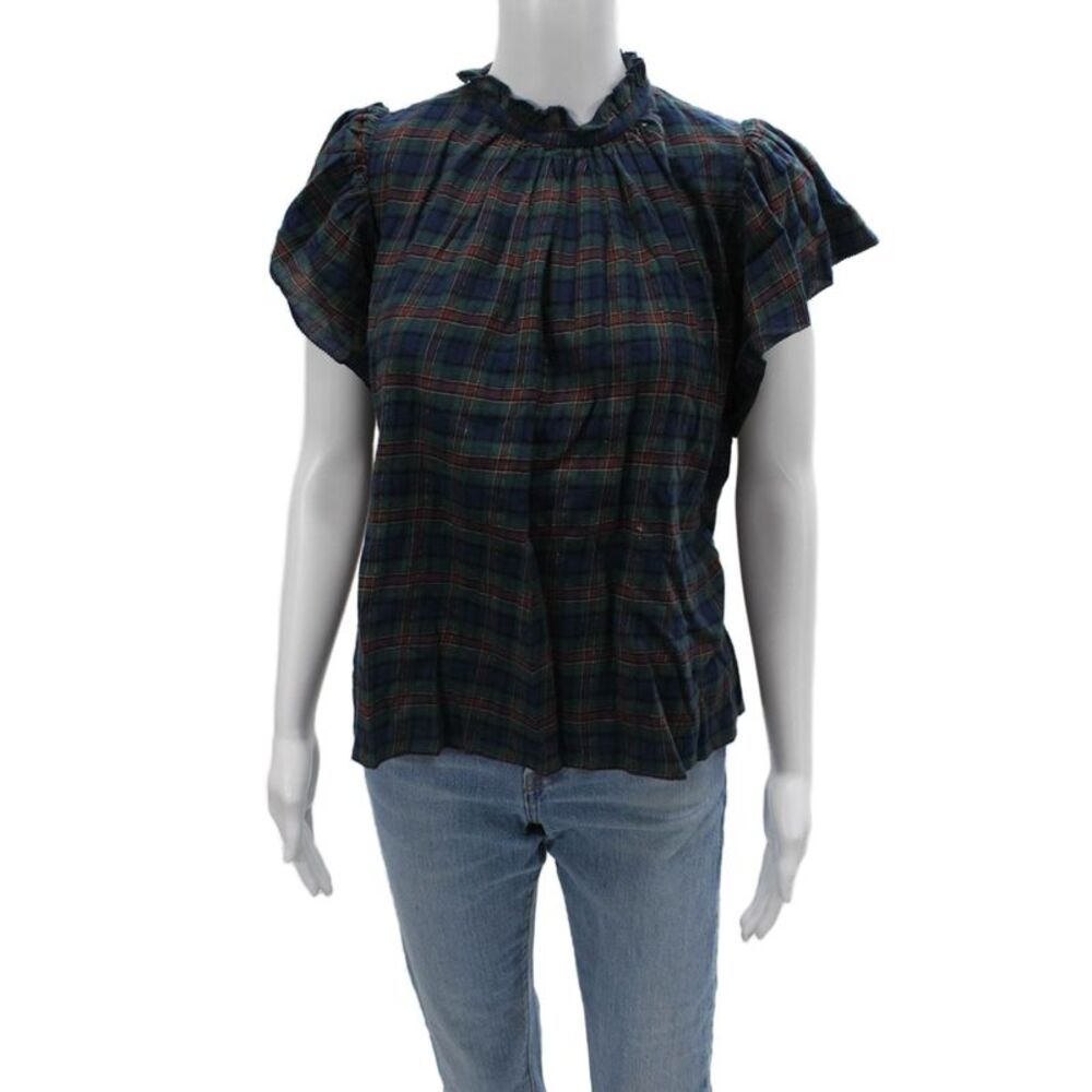 Birds of Paradise by Trovata Women Dark Blue Plaid Cap-Sleeve Blouse Size S